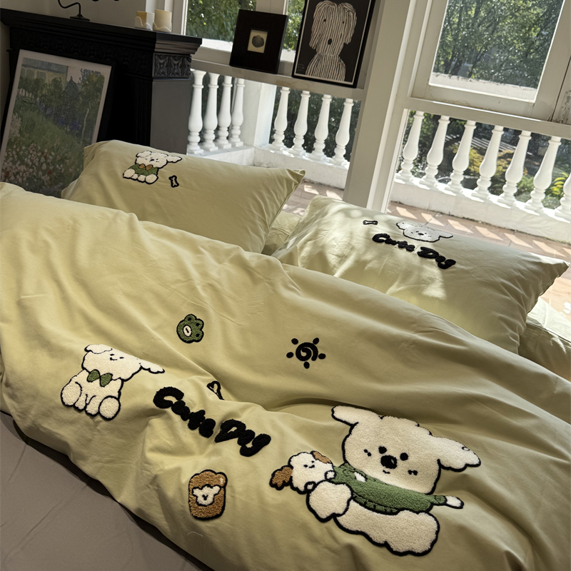 ins乖乖小狗卡通绿色磨毛毛巾绣四件套全棉纯棉被套秋冬加厚保暖