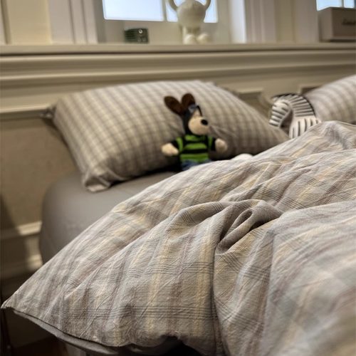 简约日式暮落灰格子床上四件套