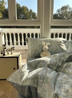 油画田园100s高支长绒棉床上蓝色四件套1.5m1.8全棉床单被套裸睡