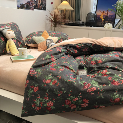 黑色小碎花棉加绒四件套