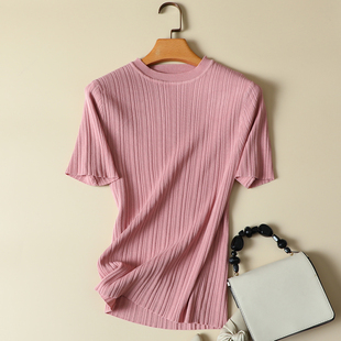 短袖 t恤女修身 显瘦中袖 冰丝针织衫 上衣薄款 新款 打底衫 女2024春装