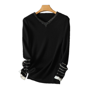 春装女2024年新款V领套头毛衣女蕾丝韩版显瘦上衣内搭针织打底衫