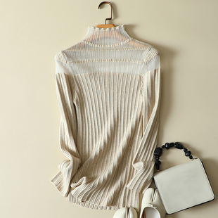 春装女2024年新款蕾丝拼接透明半高领内搭针织打底衫显瘦洋气毛衣