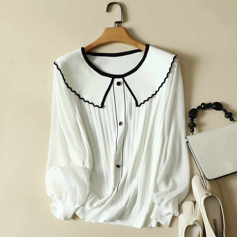 冰丝针织衫女雪纺长袖蕾丝打底衫