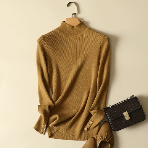 Демисезонный трикотажный свитер, лонгслив, высокий воротник, по фигуре