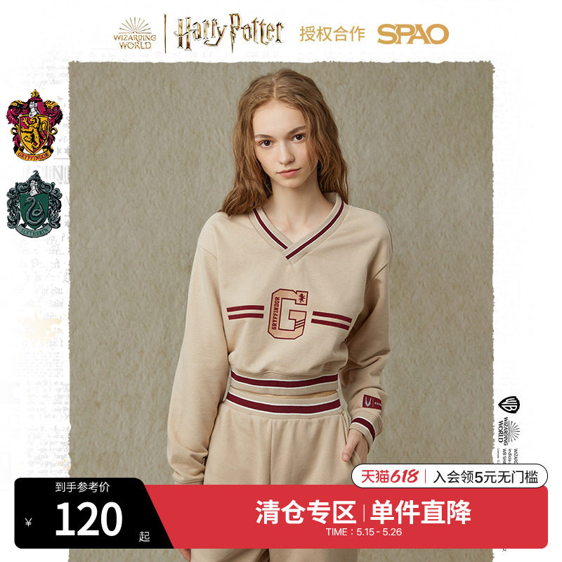 SPAO时尚易搭简约休闲短款撞色V领印花套头卫衣SPMWC49D19