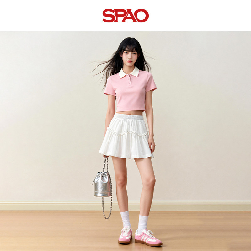 SPAO白色高腰A字半身裙女夏短裙少女感蓬蓬裙褶皱半裙B
