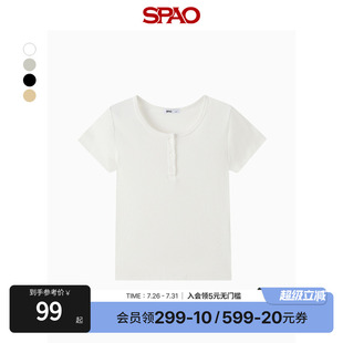 亨利领T恤 SPAO韩国同款 2025年夏季 新品 女士纯色简约圆领淡人短袖