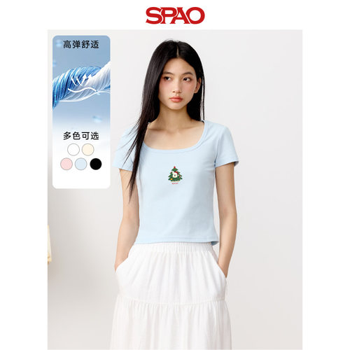 SPAO夏季短袖T恤女正肩方领修身显瘦圣诞树小狗可爱印花轻薄上衣B