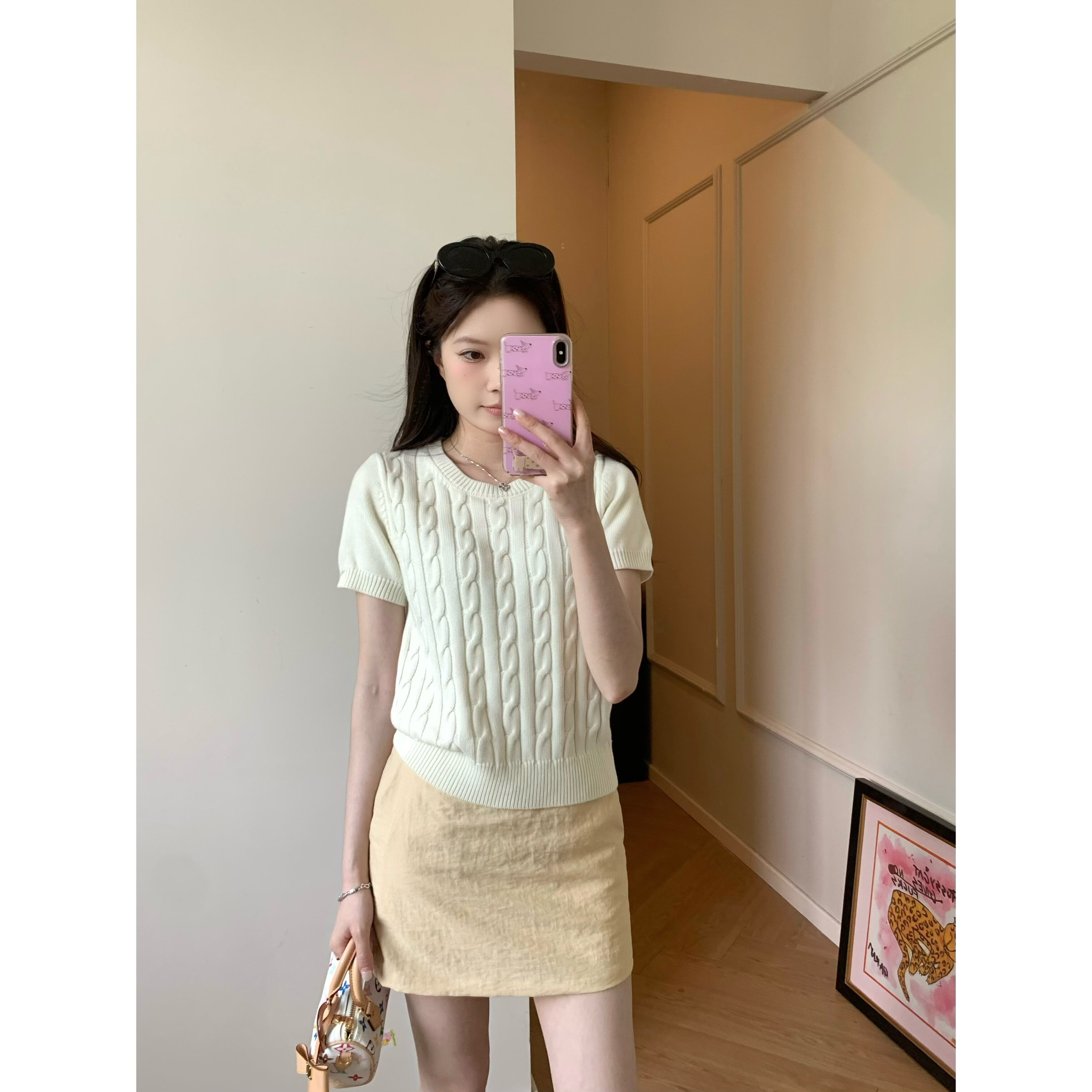 Viiwen 温柔软心 学院风麻花圆领套头针织短袖T恤显瘦韩系上衣