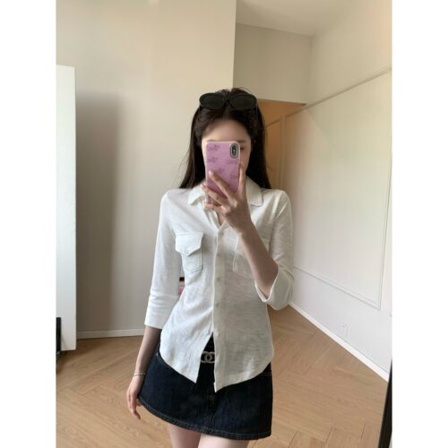 气质显瘦掐腰7分袖设计感衬衫t