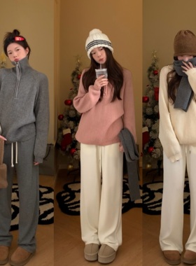 Viiwen松弛感 慵懒立领软糯高领拉链毛衣 纯色翻领显瘦红色针织衫