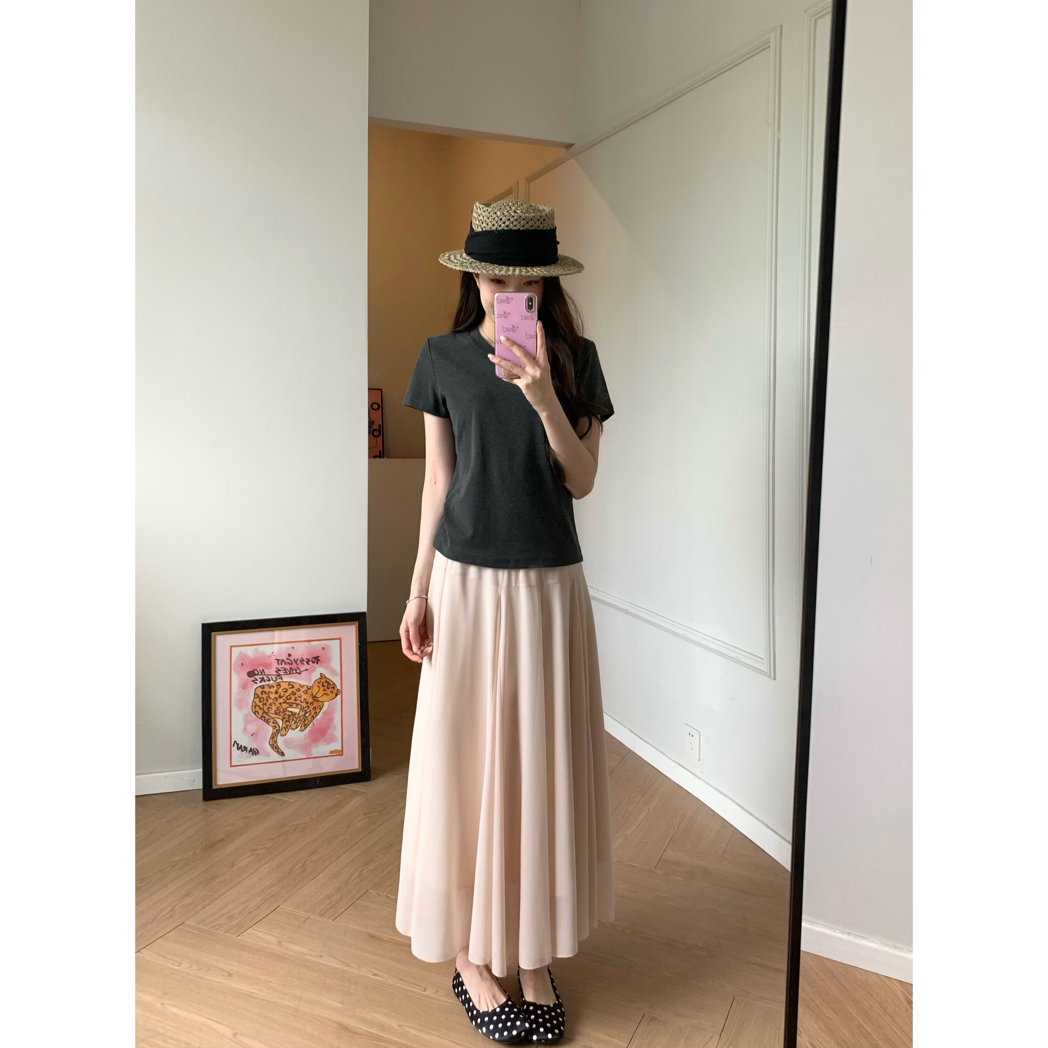 Viiwen 温柔淡系美女 裸粉色显瘦大裙摆网纱仙女半身裙a字长裙夏