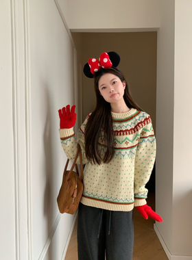 Viiwen 节日费尔岛 重磅加厚提花韩系氛围感保暖长袖复古套头毛衣