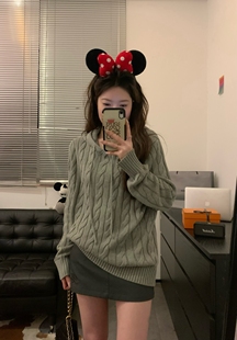 Viiwen自由贝拉2.0 显瘦灰色连帽麻花套头针织毛衣宽松刺绣针织衫