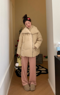 Viiwen 初雪季泡芙 廓形斜拉链慵懒 翻领羽绒服加厚保暖冬季外套