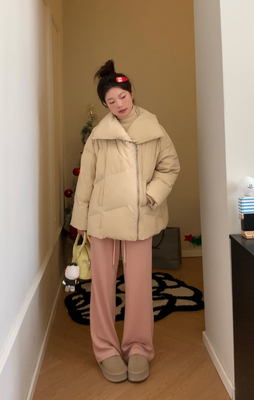 廓形感翻领慵懒斜拉链保暖羽绒服