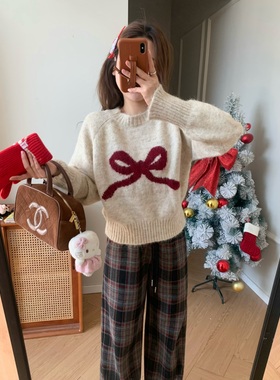 Viiwen 冬日gift 软糯糯蝴蝶结节日氛围感 圆领套头短款温柔毛衣