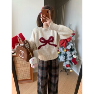 Viiwen 冬日gift 软糯糯蝴蝶结节日氛围感 圆领套头短款温柔毛衣