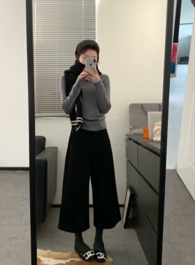 Viiwen时髦精黑色薄呢7分裤 显瘦高腰小个子百搭显腿直西装裤早春