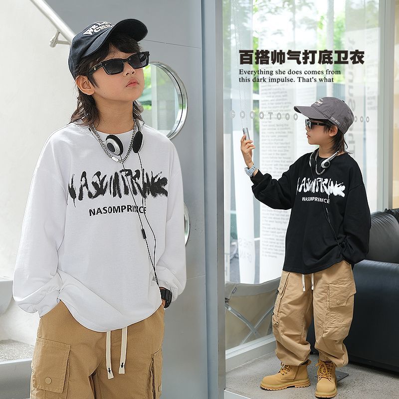 男童长袖t恤韩版春装2025新款男孩时尚宽松套头中大童帅气上衣潮