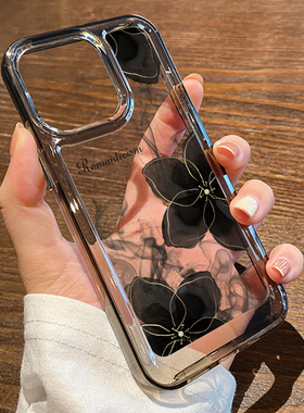 酷图适用苹果16手机壳15文艺黑金山茶花iphone14promax保护套高级感女暗紫色plus透明全包防摔13pm网红12新11