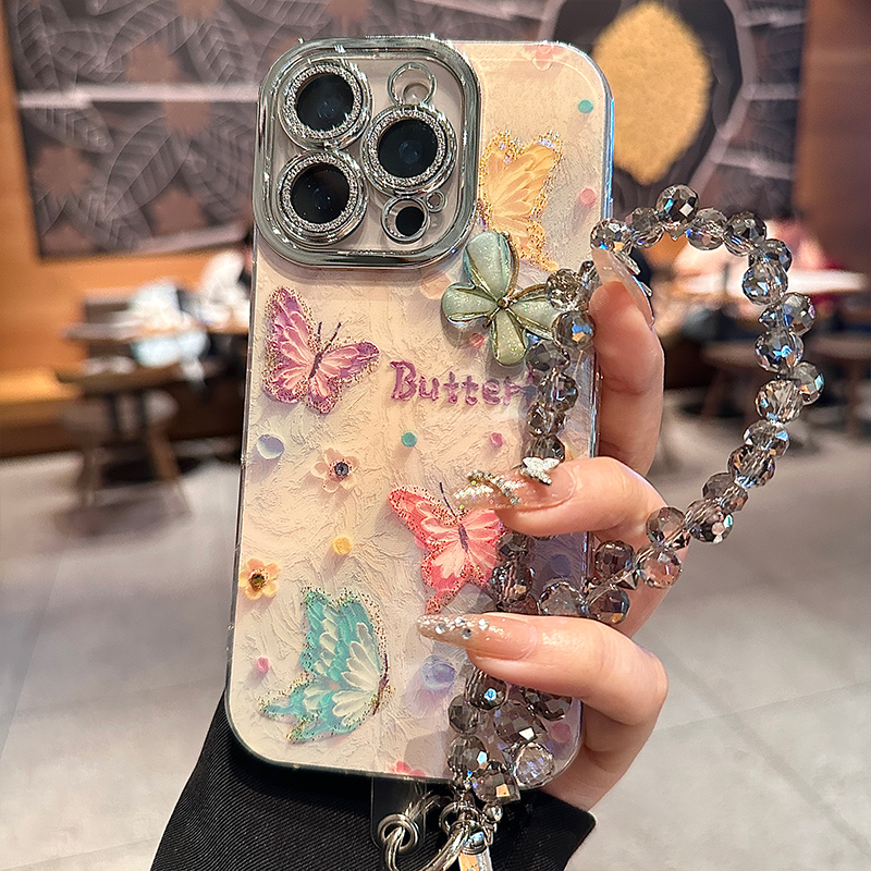 酷图闪钻油画蝴蝶适用苹果15Promax手机壳iPhone16ProMax新款防摔13女款小众12高级感14pro带镜头膜全包壳16