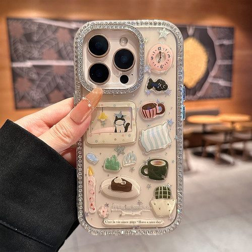适用苹果16promax手机壳新款奢华闪钻边框iphone15pro卡通少女款14可爱DIY猫咪贴纸13全包防摔16透明保护套pm