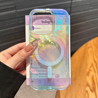 镭射渐变羽毛适用苹果17promax手机壳新款iphone15pro保护套小众13高级感男女14全包防摔16pro透明15磁吸充电