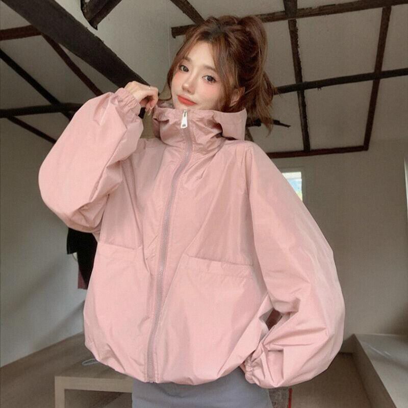 连帽立领粉色防晒衣女夏季小个子宽松休闲设计感薄款开衫夹克外套