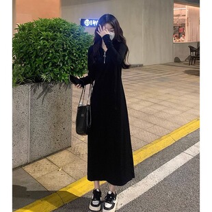 大码法式针织连帽长袖卫衣连衣裙女秋季胖mm气质显瘦黑色打底长裙