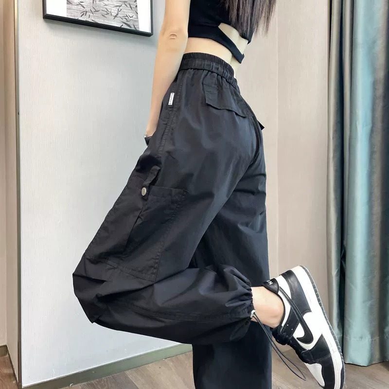 黑色冰丝速干工装裤子女夏天薄款百搭显瘦宽松束脚休闲阔腿运动裤