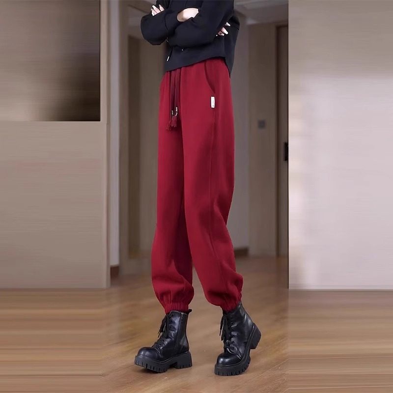 欧货爆款酒红色卫裤女加绒加厚运动裤2025秋冬新款宽松休闲束脚裤