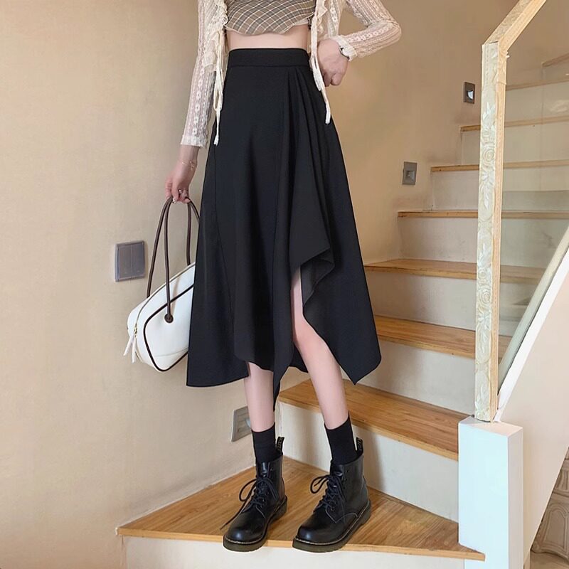 爆款女士大码a字裙2024夏季薄款天丝小个子遮肚黑色长款半身裙子