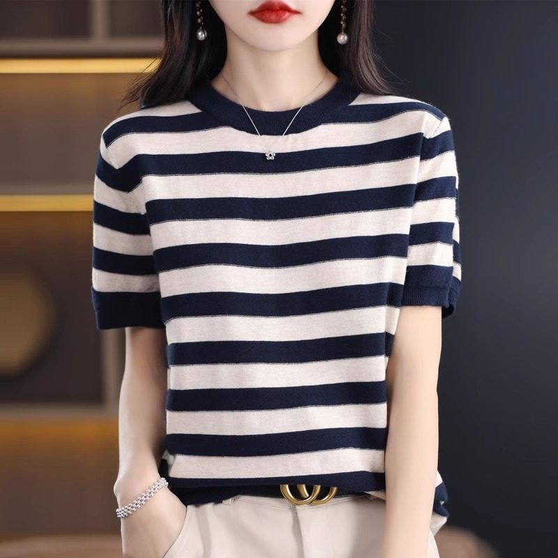 显白 条纹短袖针织T恤女莫代尔半袖宽松轻薄透气大码圆领体恤上衣