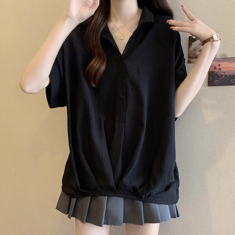 慵懒风遮肚子短袖衬衫女夏装大码胖mm蝙蝠袖宽松上衣套头百搭衬衣