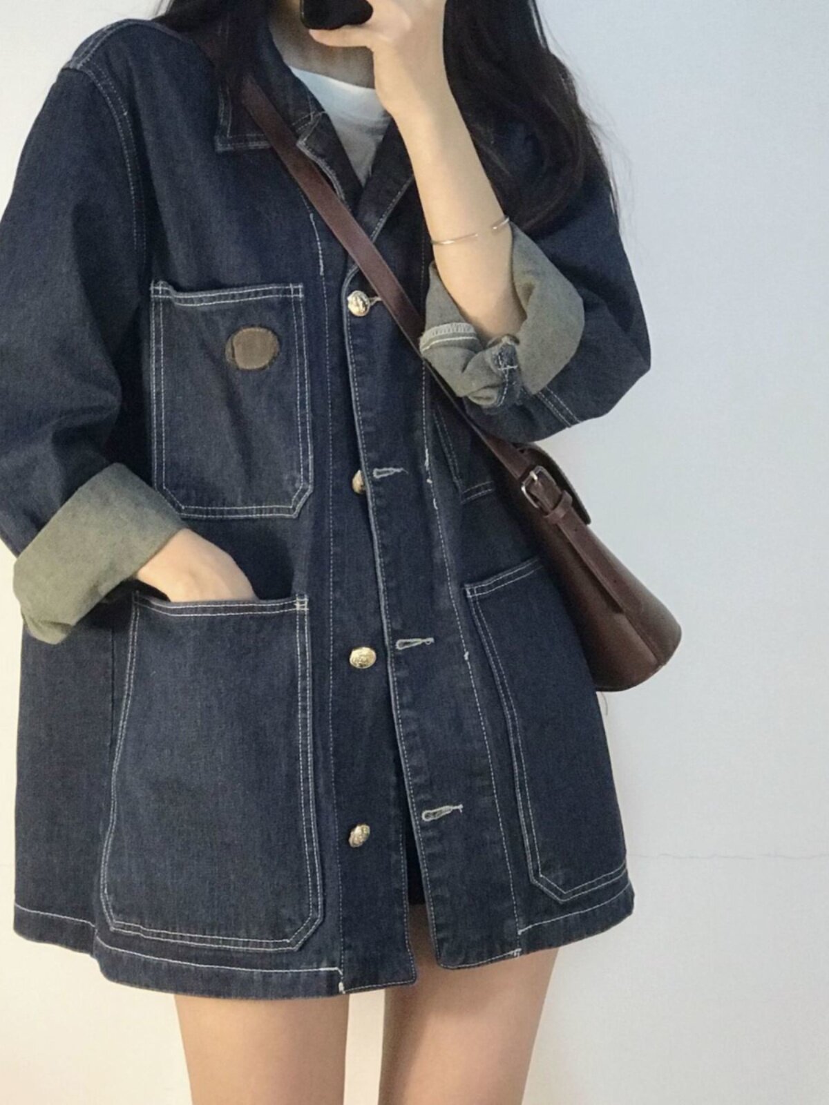 韩版宽松覆古大口袋牛仔外套女大码胖妹妹春秋2025新款夹克上衣潮