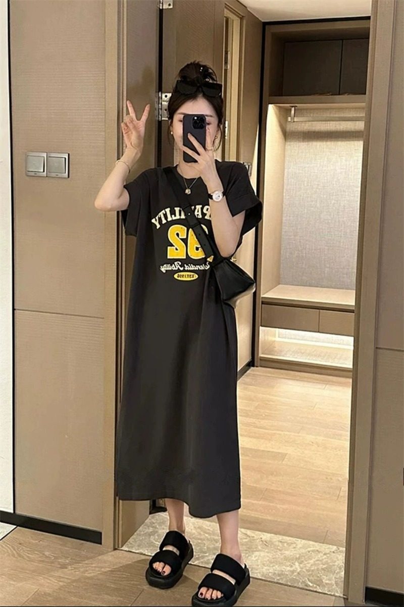 连衣裙女短袖t恤裙2026新款夏季宽松显瘦休闲长裙中长款a字懒人裙