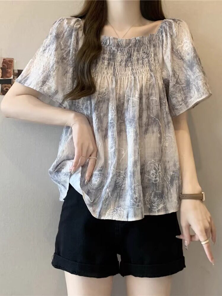 法式方领短袖雪纺衬衫女夏季大码胖mm显瘦遮肚子独特别致扎染上衣