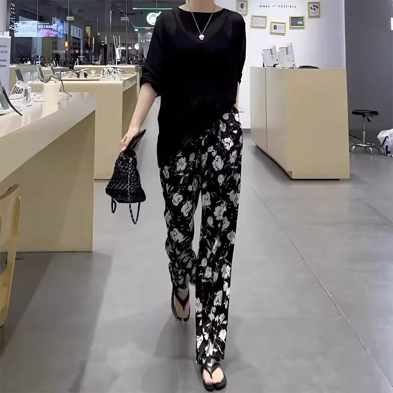 复古玫瑰碎花阔腿裤女夏季2026新款爆款松紧腰休闲宽松印花长裤子