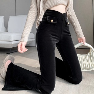加厚丝绒喇叭裤女秋冬高腰垂感显瘦直筒休闲黑色裤子加绒微喇长裤