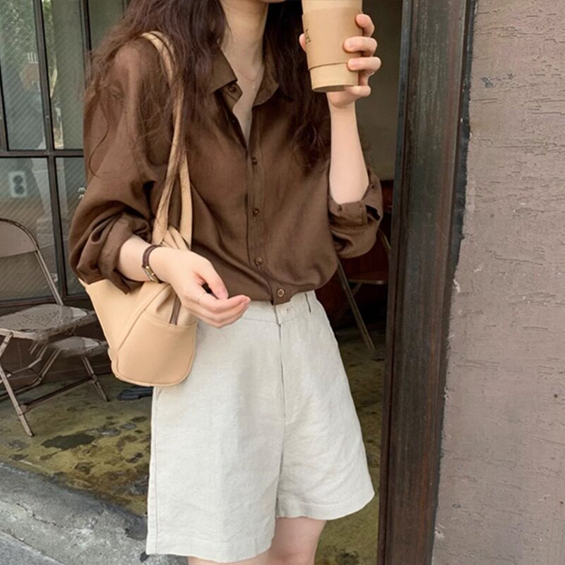 咖色衬衫女休闲长袖上衣秋季2025年新款宽松百搭复古衬衣打底外套