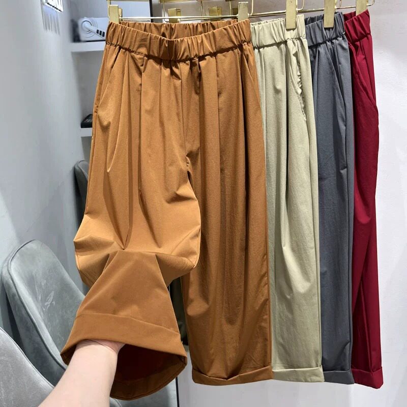 设计感休闲阔腿冰丝速干裤女夏薄款小个子卷边宽松九分哈伦萝卜裤