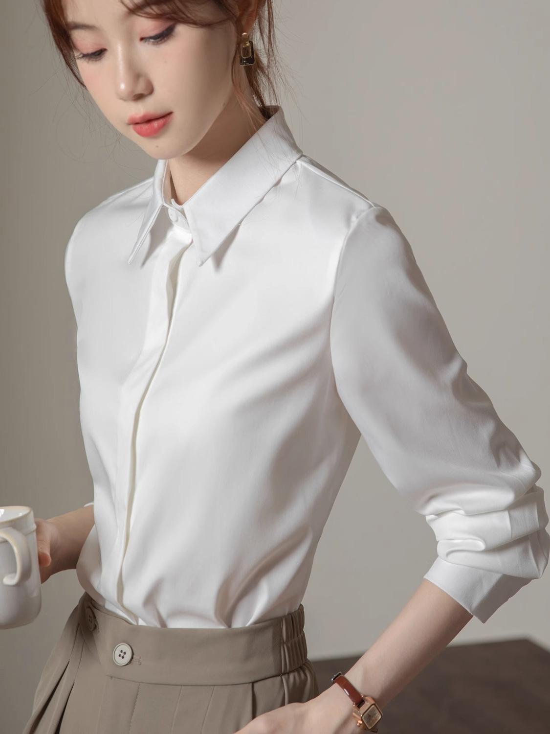 白色抗皱衬衫女长袖春秋职业正装商务职场教资面试套装女西装裤