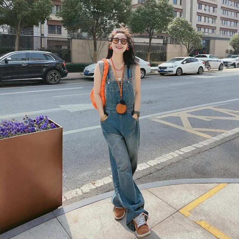 美式复古牛仔背带裤女2026夏季新款宽松小个子显瘦减龄阔腿拖地裤