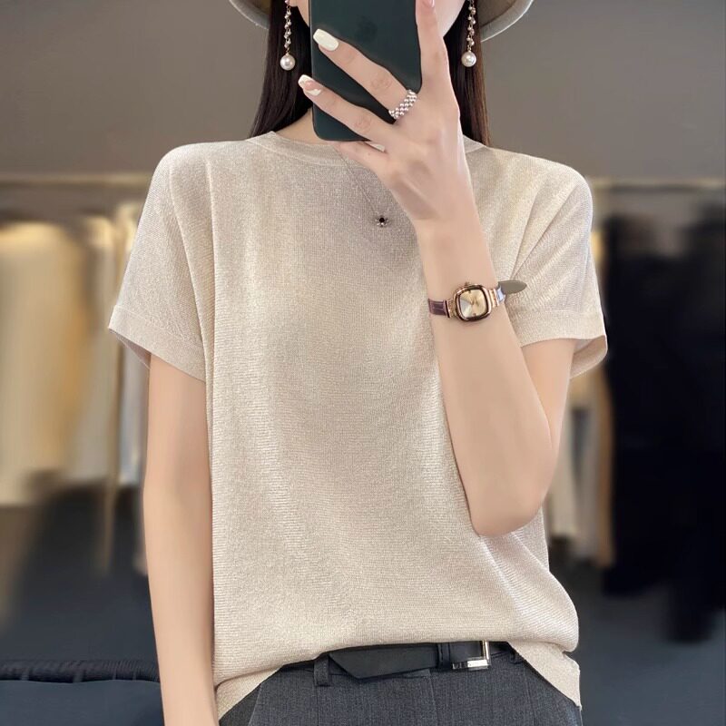 冰丝针织短袖女夏季鎏金沙半袖小众设计感高端亮丝天丝亚麻T恤衫