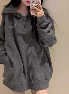 深灰色独特细闪连帽拉炼卫衣女秋冬2025新爆款时尚洋气慵懒风外套
