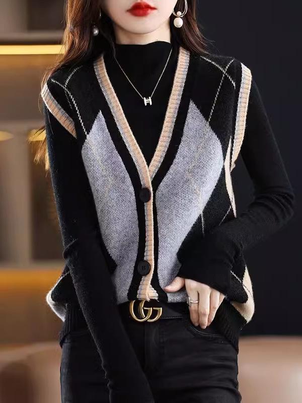 清仓捡漏~专柜撤回秋冬羊绒马甲女拼色打底开衫宽松百搭针织羊毛