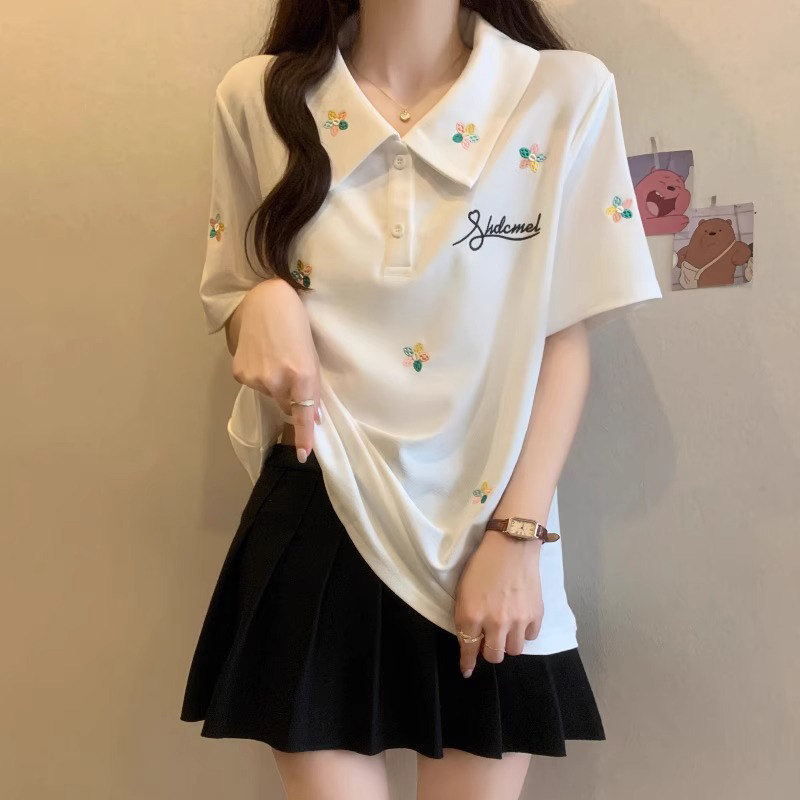 polo领学院风正肩刺绣短袖T恤女夏新款大码胖mm显瘦遮肚减龄上衣
