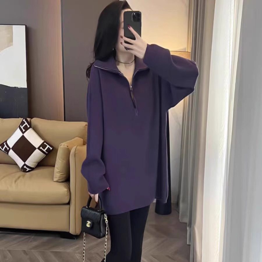 半拉链高领卫衣女款2025新款爆款秋冬宽松慵懒风设计感中长款上衣